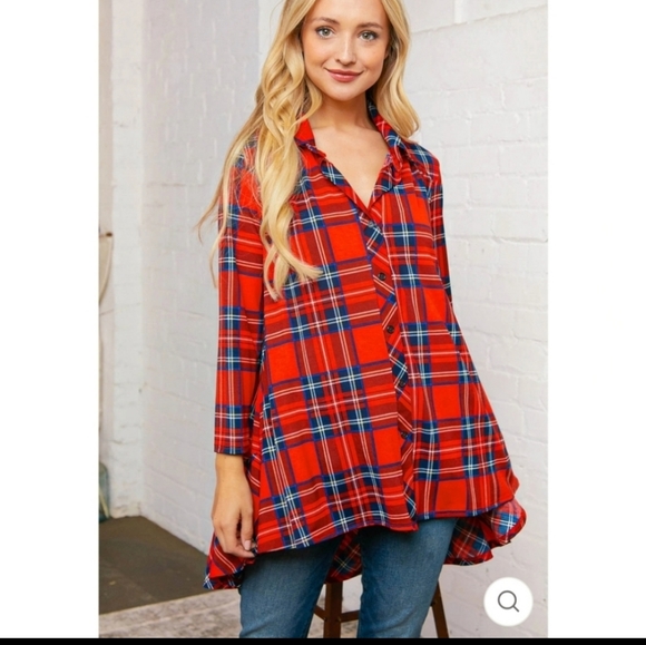 Red & Navy Faux Button Down Blouse - Picture 1 of 10